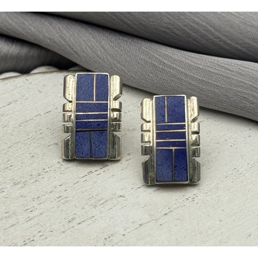 Navajo Sterling Silver 925 Lapis Stud Earrings 6.13G/0.6in